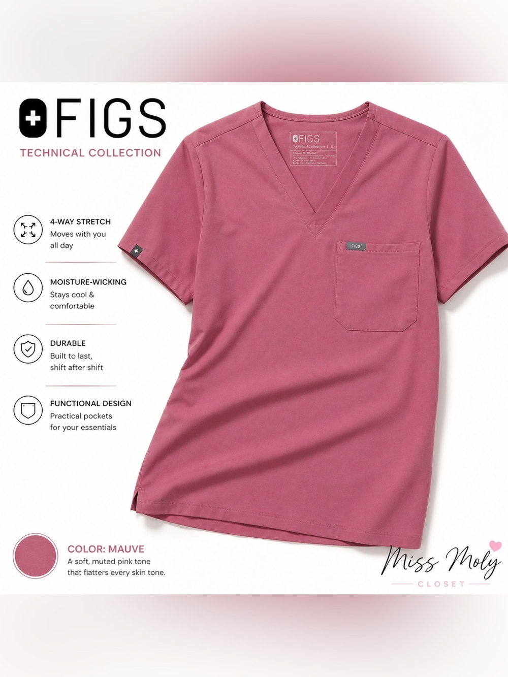 FIGS Catarina Scrub Top Mauve Pink Technical Collection V-Neck